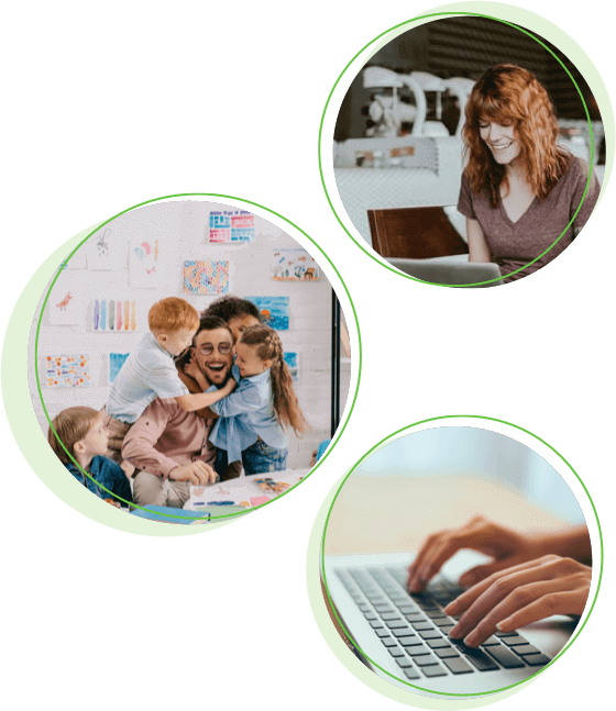 What attracts teachers to Teach Away? Three circles with images inside them: a teacher smiling at her laptop, a teacher being hugged by three school kids and hands typing at a laptop - teacher recruitment software.