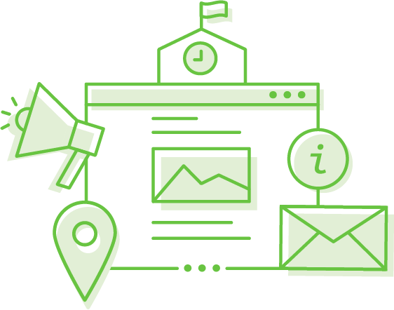Post your jobs Illustration of a school in the shape of a laptop window, with icons surrounding it - teacher recruitment software.