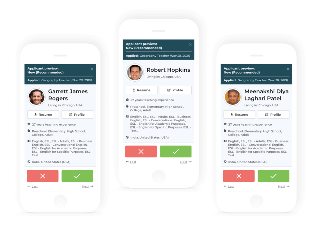 Find the best match Three mobile phones with screenshots of the Teach Away teacher recruitment software, displaying teacher candidate profiles and information.