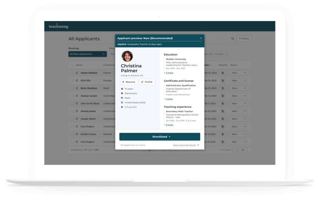 Hire the best fit A laptop with a screenshot of the Teach Away teacher recruitment software, displaying teacher candidate information.