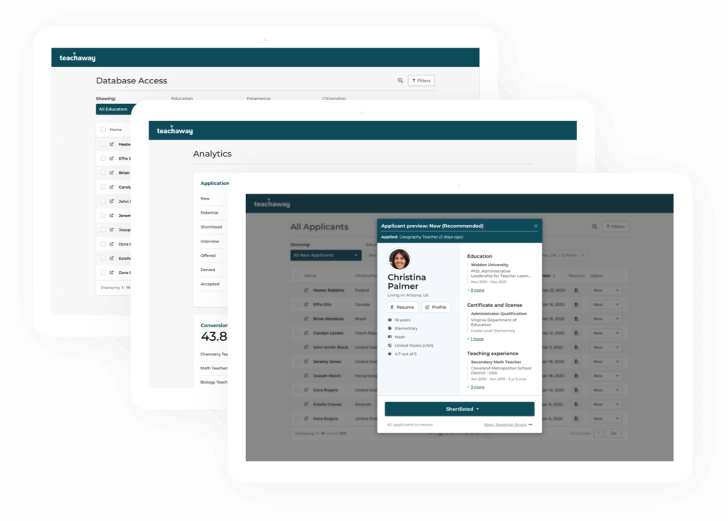 Applicant tracking system - ATS Teach Away Three laptop screens with screenshots of the Teach Away platform, displaying teacher candidate profiles and information for international teacher recruitment.- International teacher recruitment