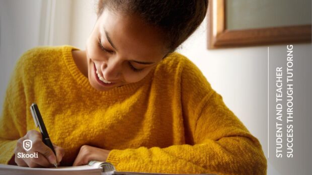 happy student in a yellow sweater enjoying student teacher success from online tutoring.