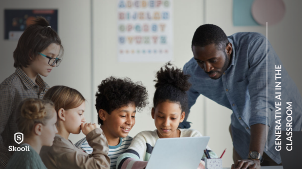 students in classroom with teacher using generative AI